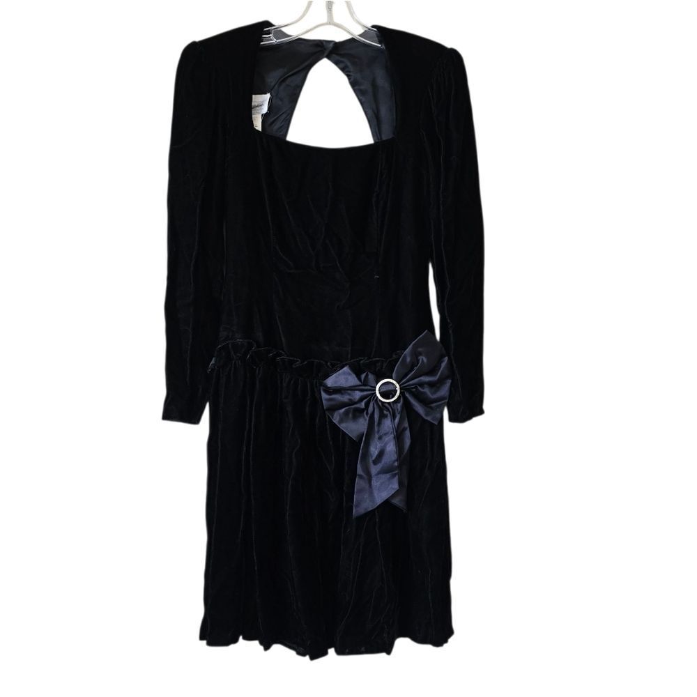 Gunne Sax Womens Black Velvet Dress with Bow Size 9 Drop Waist Gothic Vintage